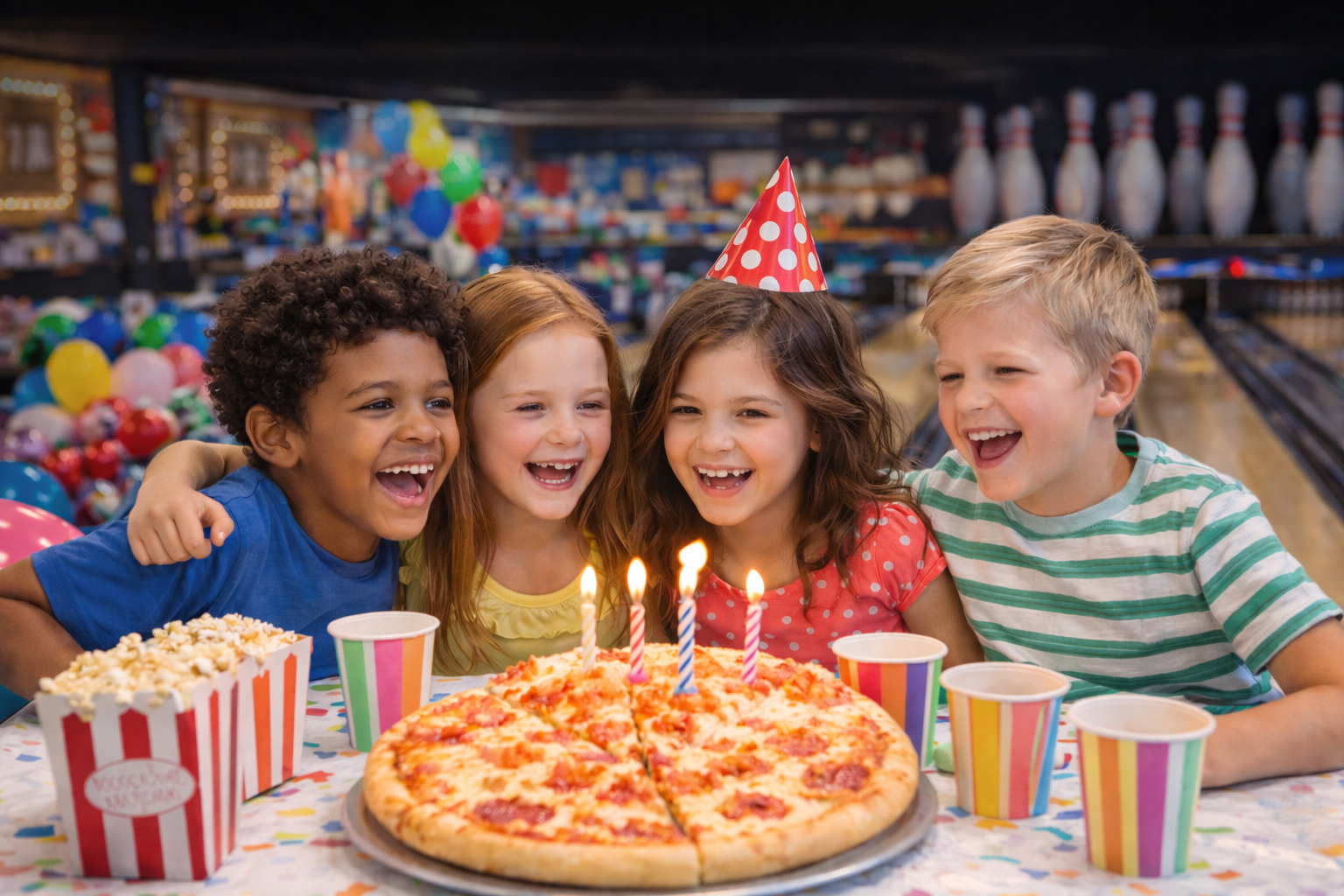 4 kids laughing at a pizza birthday party